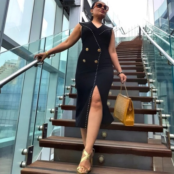 VINTAGE 90s JS Collections black halter midi dress crystal accents slit bodycon - Picture 9 of 9